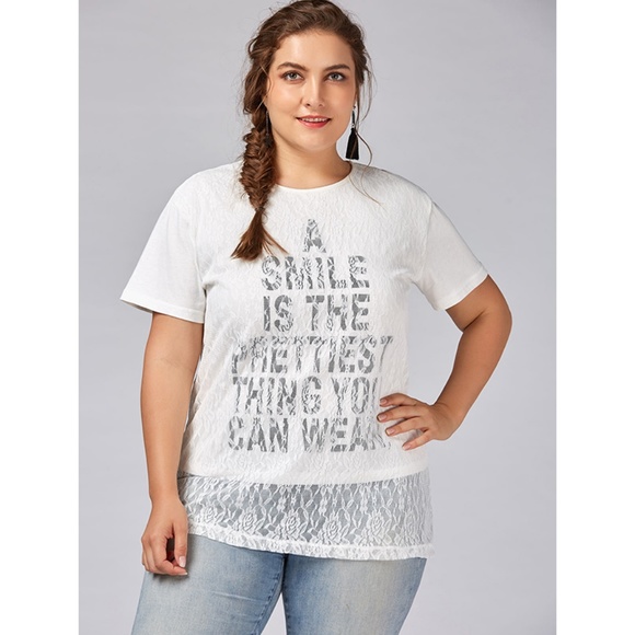 ✨ Plus Size "Smile" Print Lace Overlay T-Shirt ✨ - Picture 2 of 8